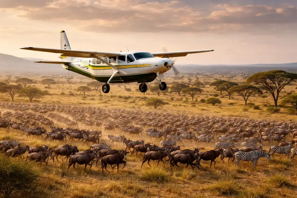 Kleinflugzeug fliegt über eine Tierherde in der afrikanischen Savanne, Tansania Safari.