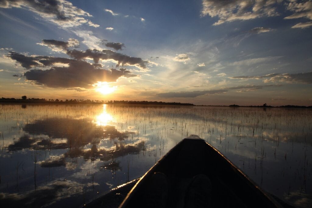 Sonnenuntergang am afrikanischen Sumpf mit Blick vom Boot, perfekte Kulisse für Wildlife-Expeditionen in Afrika.