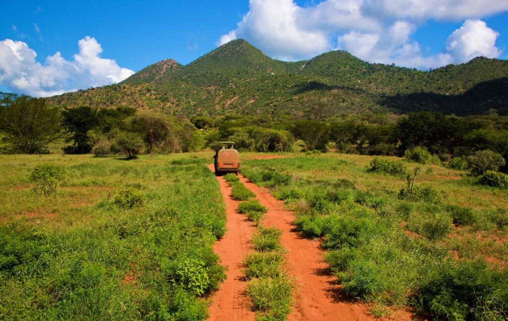 Südafrikanische Savanne mit Jeep auf Safari, Natur, Tierwelt und Landschaft, Afrika Reisen.