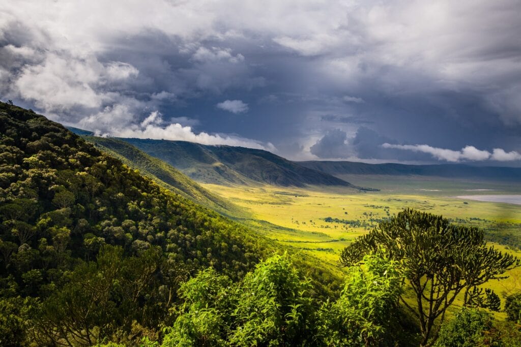 Blick auf den Ngorongoro-Krater mit grünen Bergen und dunklen Wolken, Afrikas Tierparadies.