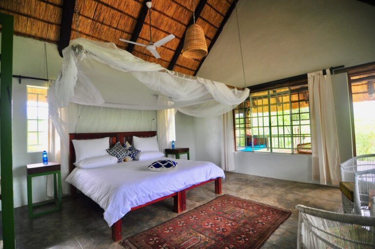 Attraktives afrikanisches Hotelzimmer mit Moskitonetz, Blick auf Natur, bequemes Bett, tropische Atmosphäre.