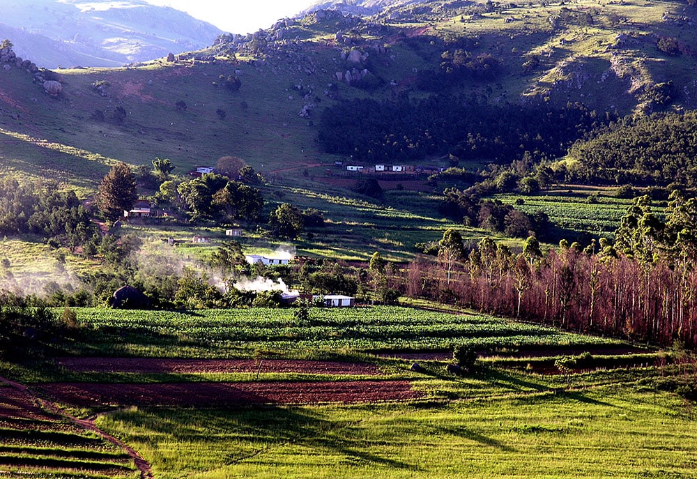 Berglandschaft in Afrika mit grünen Hügeln und landwirtschaftlichen Feldern.