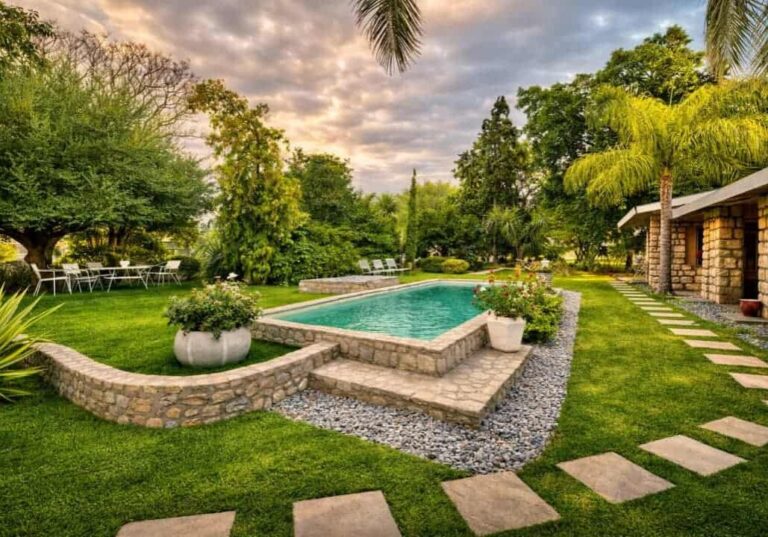 Schöner Garten mit Pool, umgeben von Bäumen und Pflanzen in Namibia Reise.