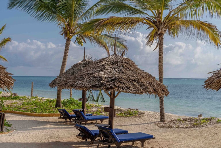 Strand mit Palmen und Sonnenliegen.