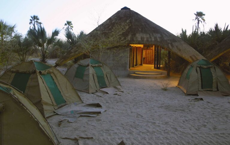 Insel Baobab-Afrika: Safari-Zelt und Rundhaus in der Wildnis, ideal für Afrikareisen und Abenteuer mit Tierbeobachtung.