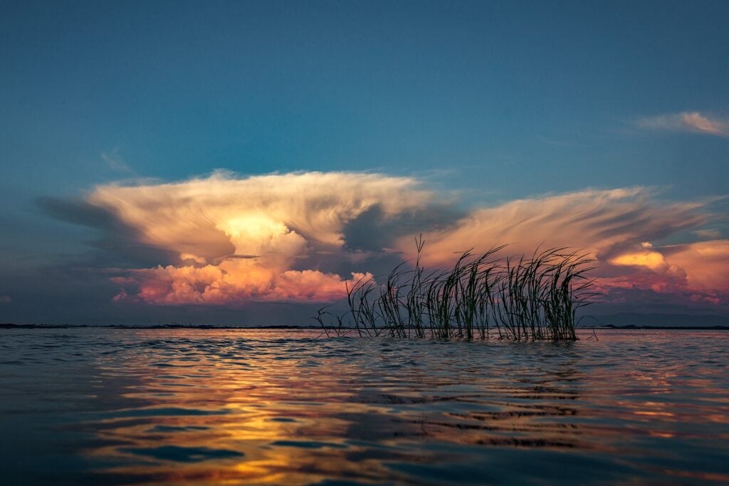 Stimmungsvolles Afrika-Image: Abendhimmel über Wasser mit Schilf, perfekte Reisefotografie.