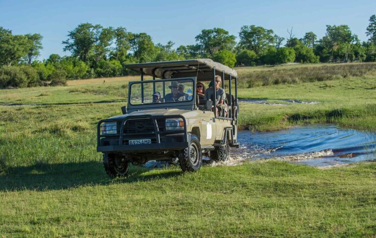 Safari-Geländewagen auf Tierbeobachtung in afrikanischer Savanne.