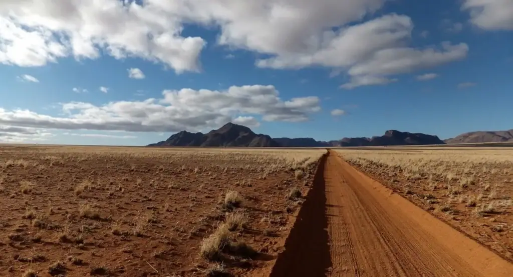 Straße durch die namibische Wüste, weite Savanne und Berge im Hintergrund.