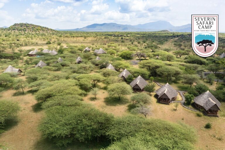 Afrika Safari Zeltcamp in Kenia mit traditionellen Hütten, umgeben von Buschland und grünen Bäumen.