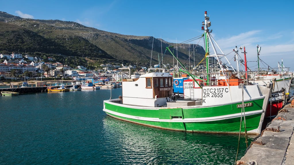 Fischereiboote im Hafen mit Blick auf die Berge, typische afrikanische Küstenlandschaft.