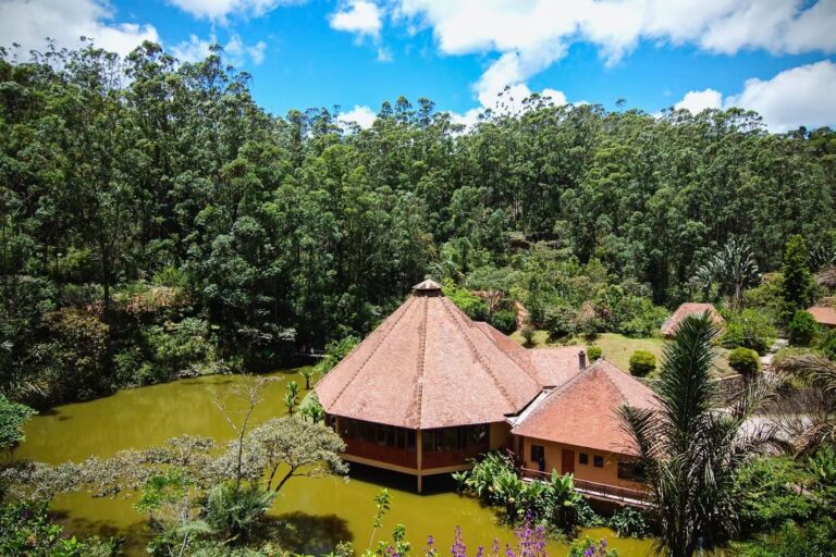 Afrika Reiseziel: Lodge im Dschungel mit Fluss für Safari-Abenteuer und Naturerlebnis.