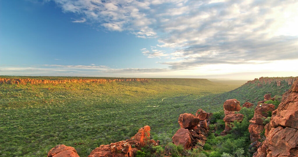 Blaue Himmel, grüner Canyon mit roten Felsen, afrikanische Natur, Reise in Afrika.