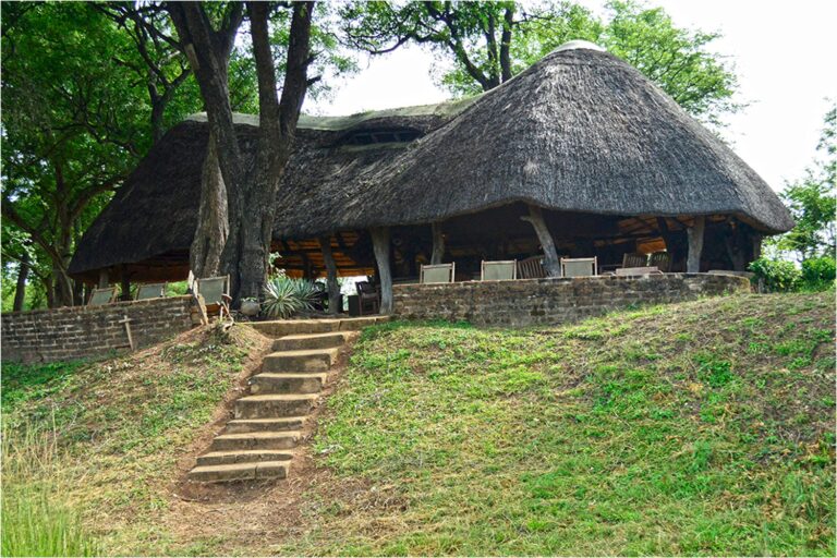 Traditioneller afrikanischer Strohhäuser mit frühem Zugang, umgeben von üppigem Grün.