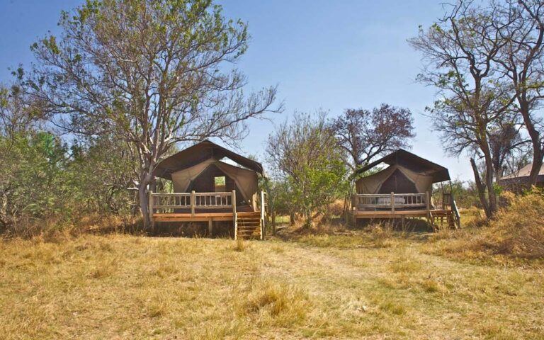 Zwei luxuriöse Safari-Zelte in der Natur Afrikas, perfekt für Abenteuer- und Naturreisen.