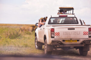 Junge Reisende beobachten Löwen während Safari in Afrika.