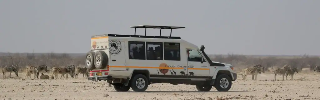 Alt Text: Safari Auto in der Wüstenlandschaft mit Zebras in Afrika, Tourismus und Naturerlebnis.