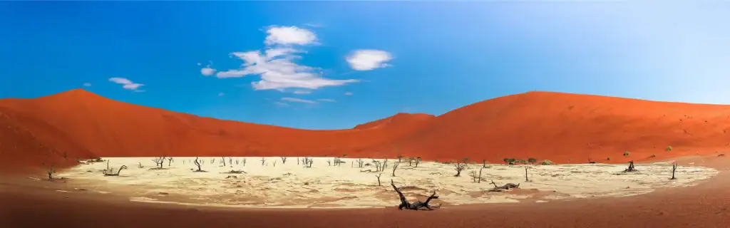 Alt Text: Atemberaubende Wüstenlandschaft in Namibia mit roten Sanddünen und Trockenbaumoor.