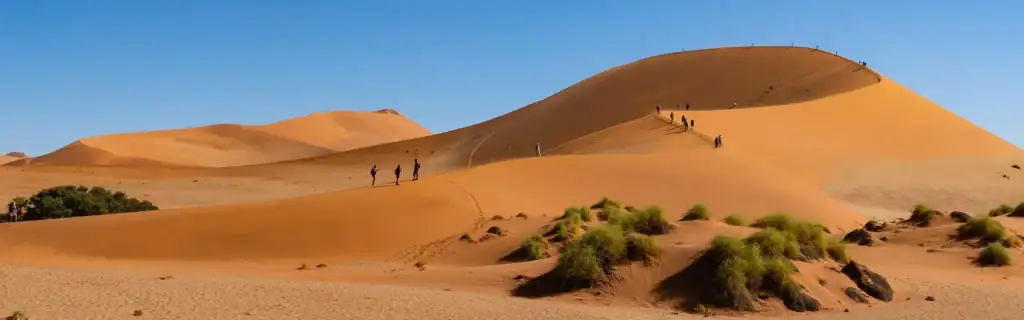 Alt: Wüstenlandschaft mit hohen Sanddünen und Wanderern in der Namib-Wüste, Afrika-Reise.