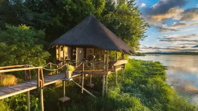 Rustige Safari-Hütte am Fluss in Afrika ideal für Natur- und Tierliebhaber.