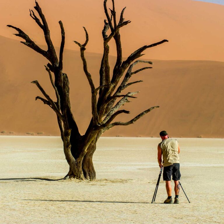Namibia Rundreisen - Fotograf an einem abgestorbenen Baum im Dead Vlei in Namibia - Namib Wüste