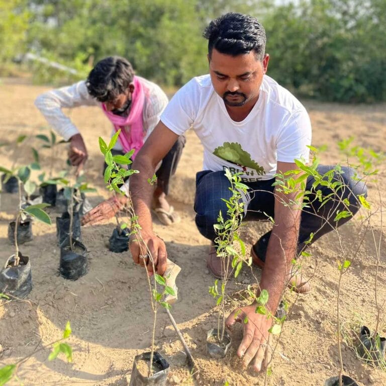 Alt-Text: Zwei Männer pflanzen junge Bäume in einem afrikanischen Land, um die Natur zu schützen.