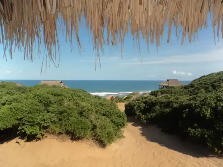 Blick durch Strandhütte auf malerischen Afrika-Strand mit grünen Hügeln und Meer.