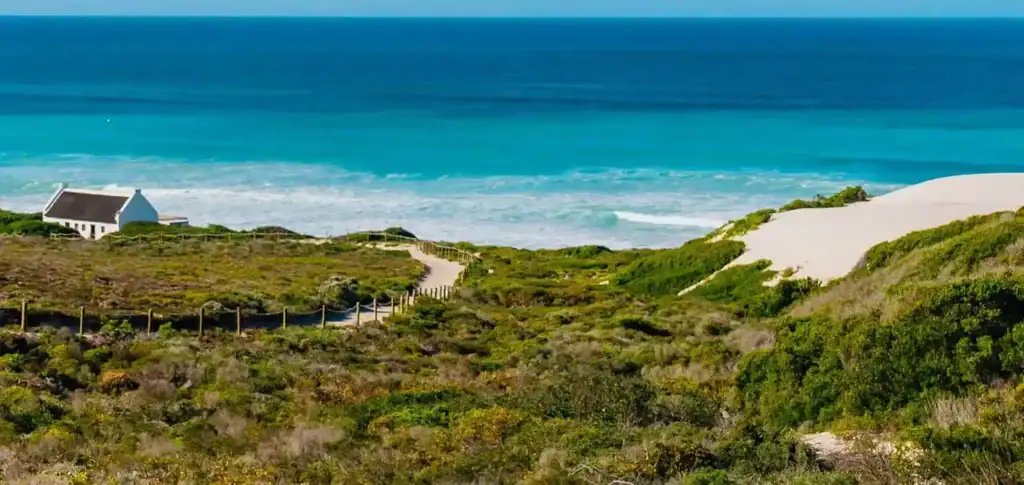 Weißes Strandhäuschen vor blauem Ozean, umgeben von Dünen und üppiger Vegetation.
