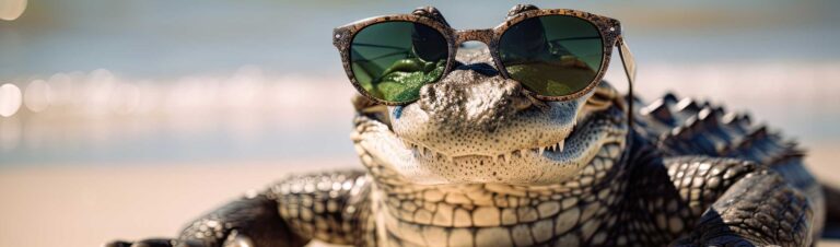 Hochwertige Sonnenbrille auf einem Krokodil am afrikanischen Strand, ideales Urlaubssouvenir für Afrika-Reisen.