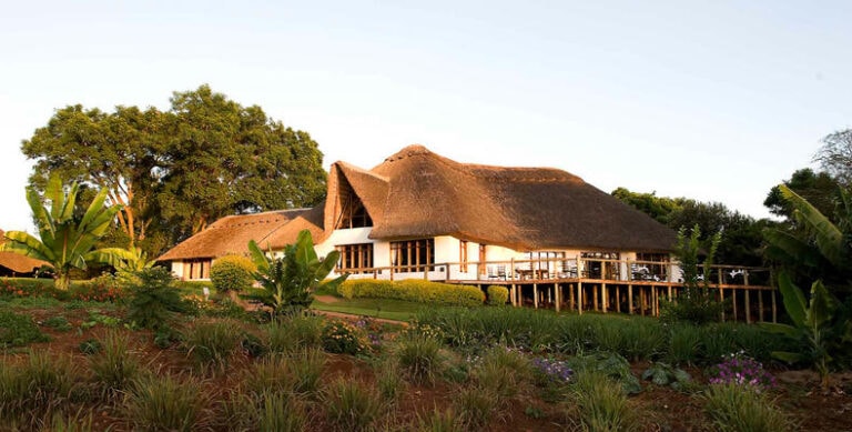 Afrika Safari Lodge mit traditionellem thatched roof inmitten der Natur.