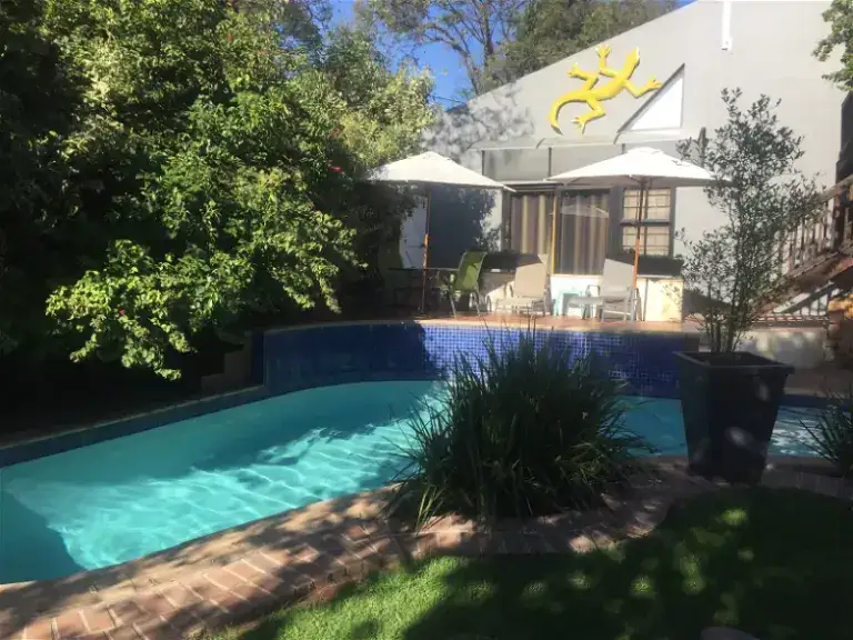 Entspannender Pool im Garten mit exotischer Vegetation, ideal für Afrika Reise-Liebhaber.