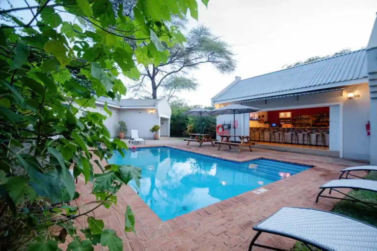 Poolbereich mit Liegen und Palmen, Entspannung in Afrika.