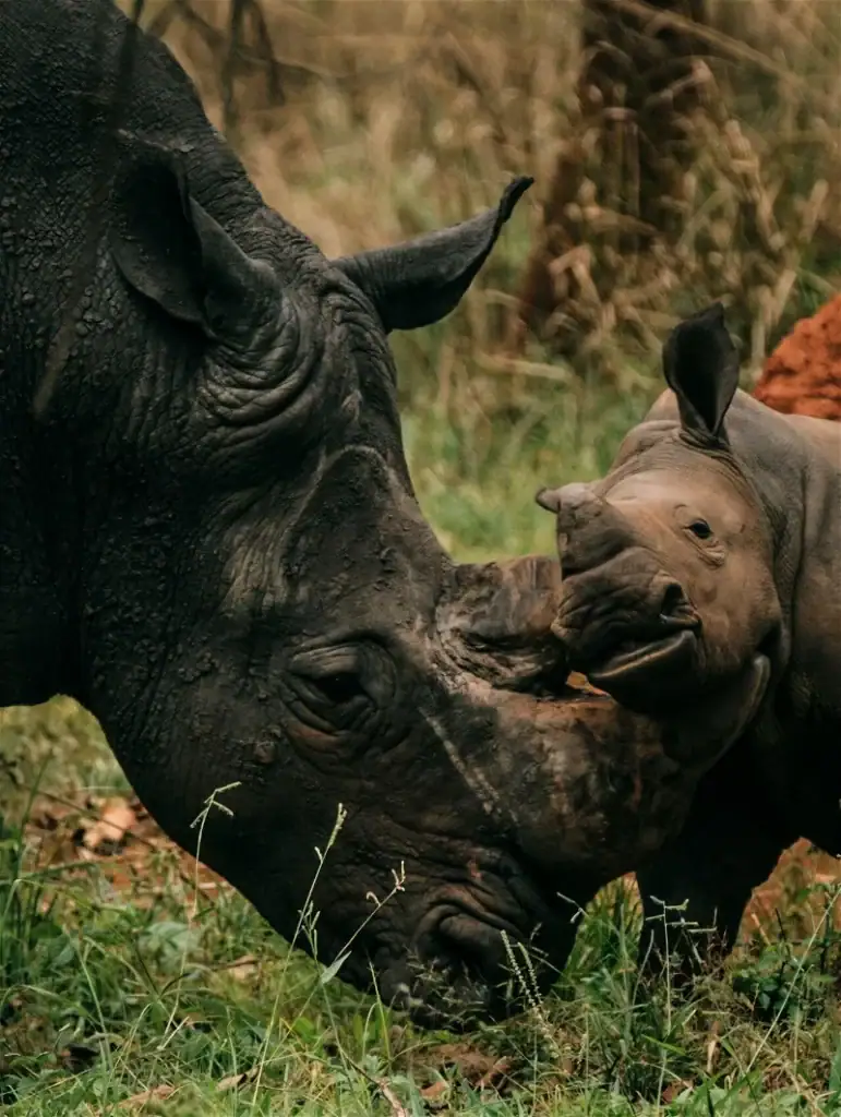 Rhinocerus und Nashornbaby beim Spiel in der afrikanischen Savanne.