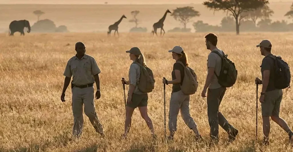 Abenteuertouristen in der afrikanischen Savanne mit Giraffen und Elefanten.