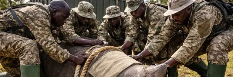 Nashörner in Uganda im Kidepo-Tal, Schutzteam bei der Pflege und Erhaltung der bedrohten Tierart.