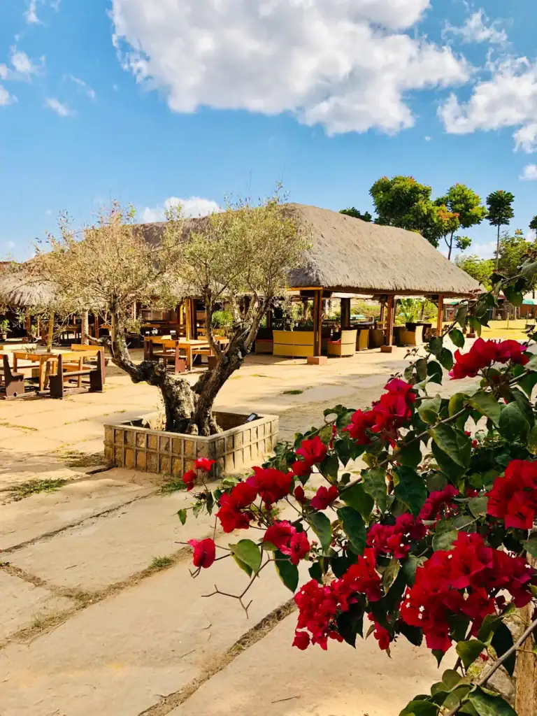 Außenbereich des Le Chat'o Park Hotels mit Garten und Restaurant in Antananarivo, Madagaskar.