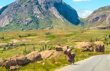 Landschaft in Madagaskar mit Bergen, Elefanten und grünen Wiesen, ideal für Afrika-Reisen und Nature.