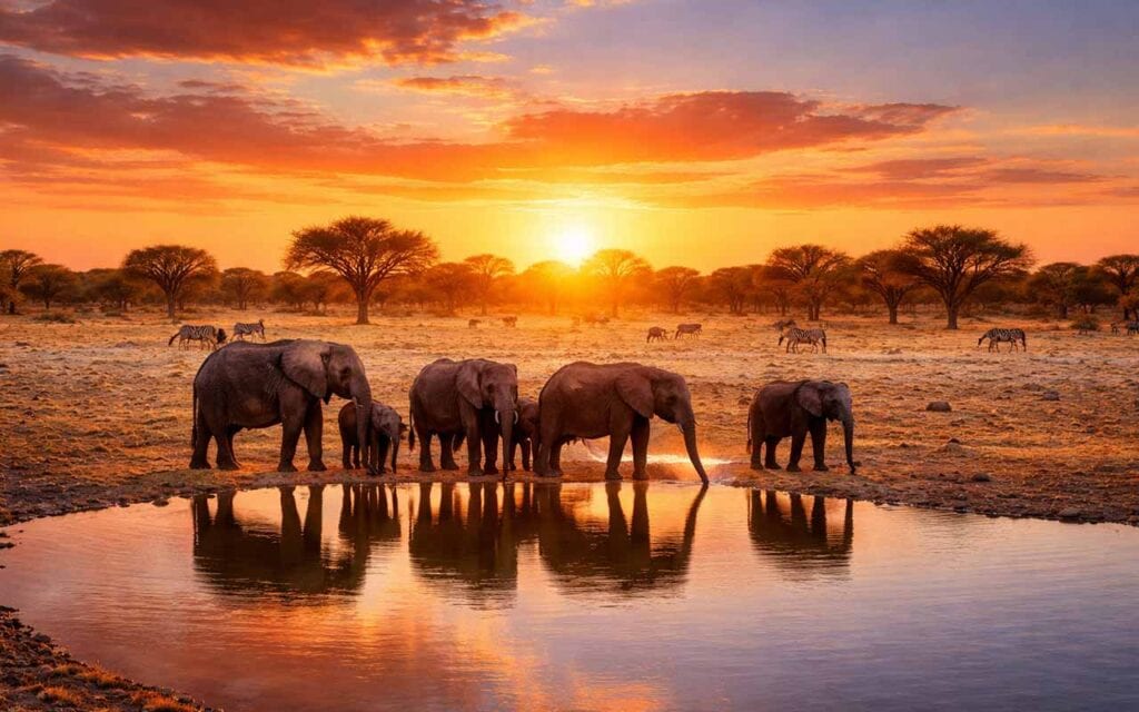 Elefanten beim Wasser trinken in der afrikanischen Savanne bei Sonnenuntergang.