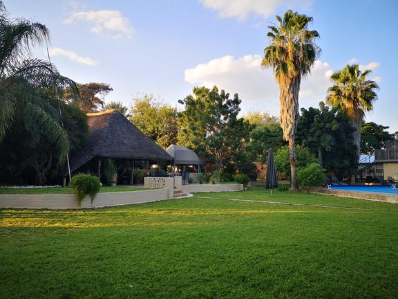 Entspannter Garten mit Palmen und Pool in Afrika.