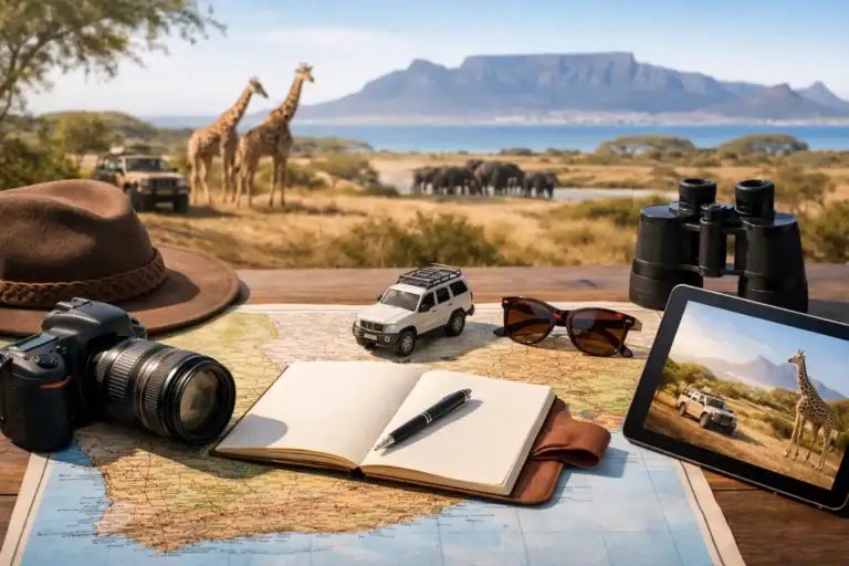 Südafrika Rundreise individuell planen Afrika Safari mit Giraffen, Landschaft und Safari-Ausrüstung.
