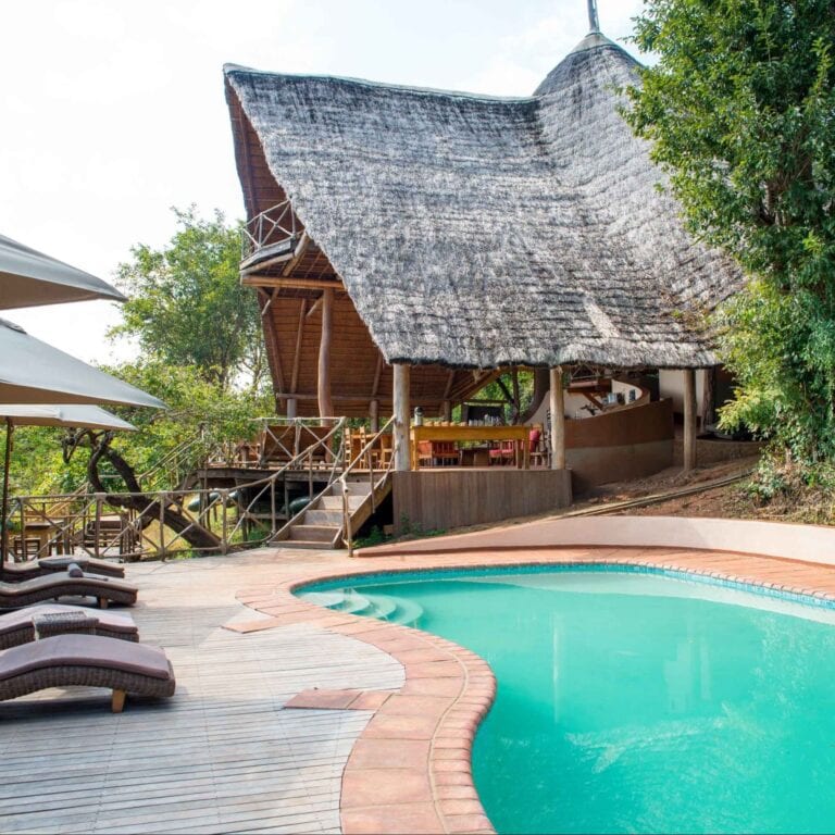Luxus Safari Lodge mit Pool und traditionellem Dach in Afrika.