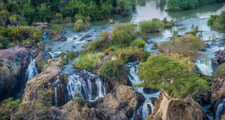 Ein malerischer Wasserfall in der südafrikanischen Wildnis, umgeben von üppigem Grün.