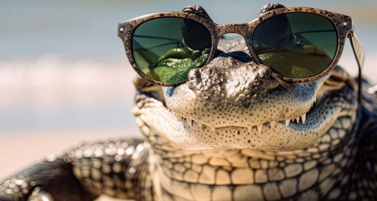 Hochwertige Sonnenbrille auf einem Krokodil am afrikanischen Strand, ideales Urlaubssouvenir für Afrika-Reisen.