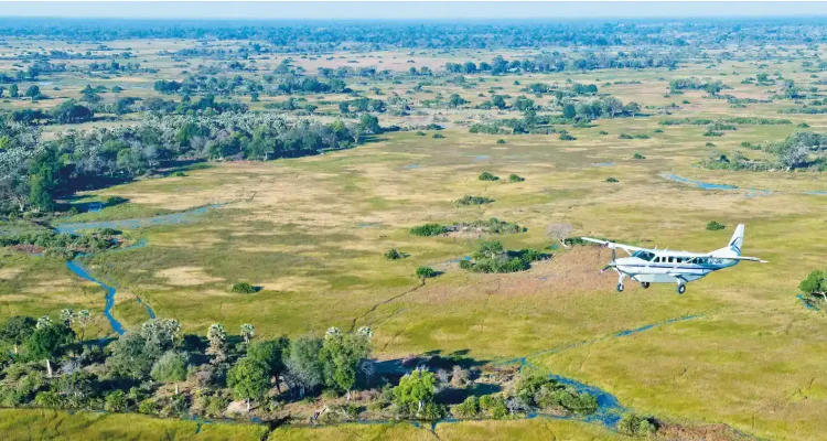 Hubschrauber fliegt über die weiten, grünen Savannen Afrikas mit Flüssen und Wildtieren.