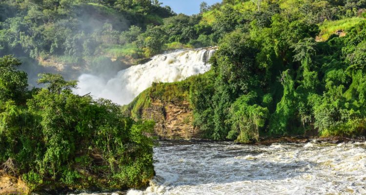 Wasserfall im dichten Dschungel, grünes Afrika-Reiseziel, Naturschönheit, Tier- und Pflanzenwelt.