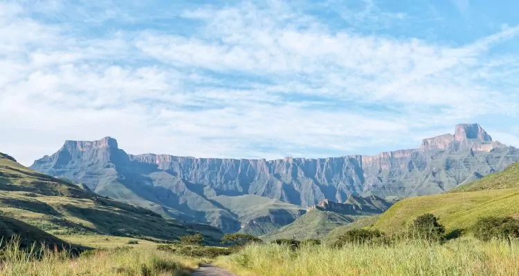 View of the Amphitheatre in the Drakensberg as seen from the road to Thendele